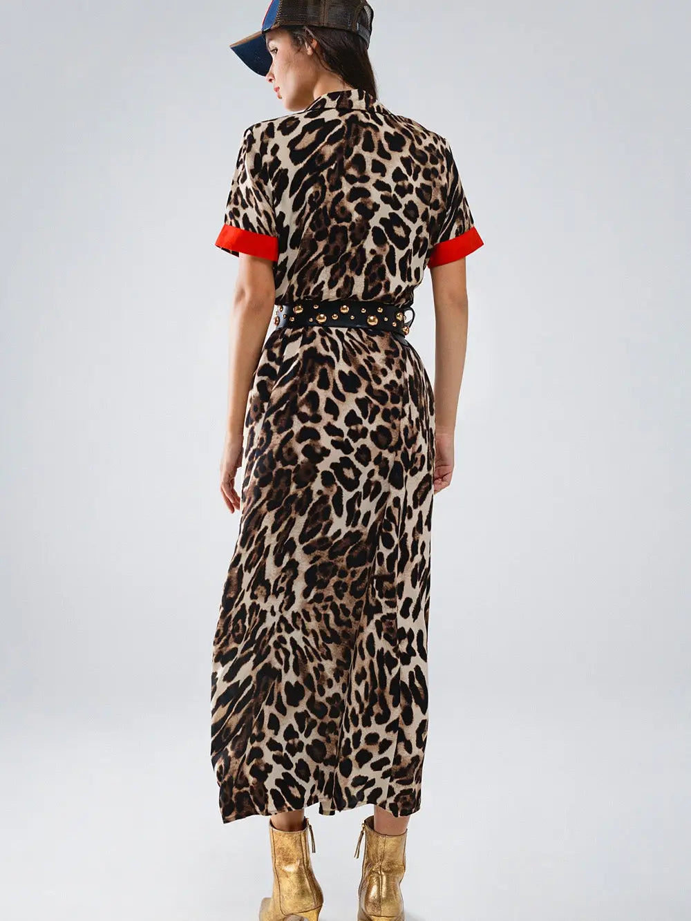 Leopard Button-down Maxi Dress with Red Details