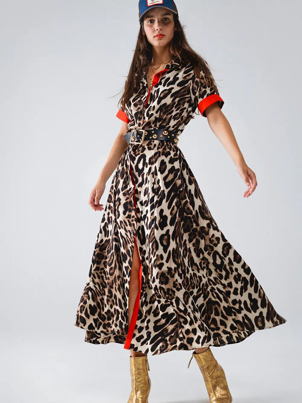 Leopard Button-down Maxi Dress with Red Details